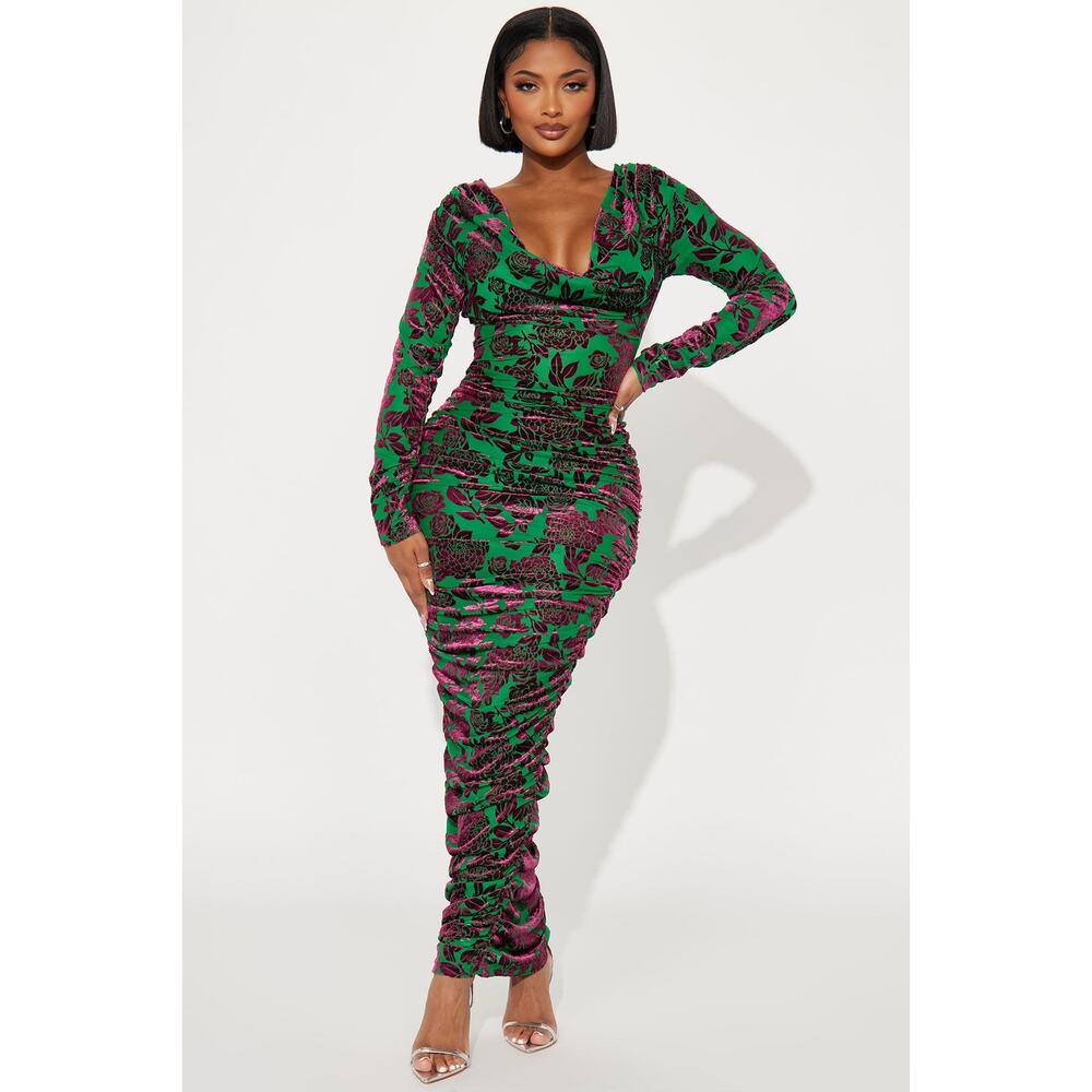 Fashion Nova Green and Pink Floral Ruched Maxi Dress